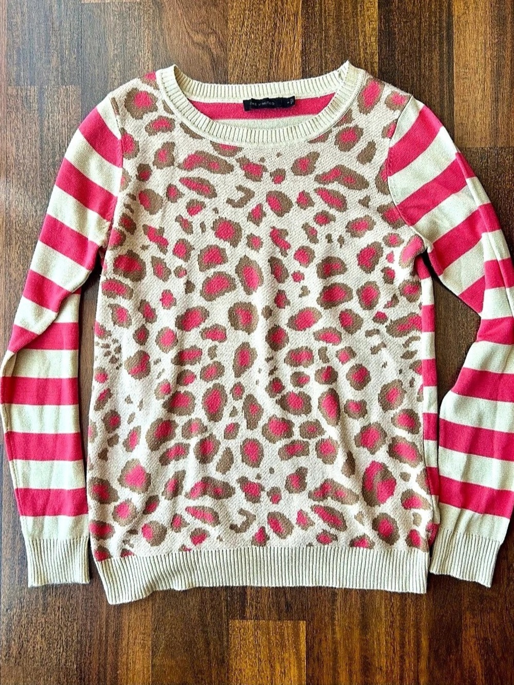 The Limited Animal Print Striped Sweater in Pink & Cream Like New